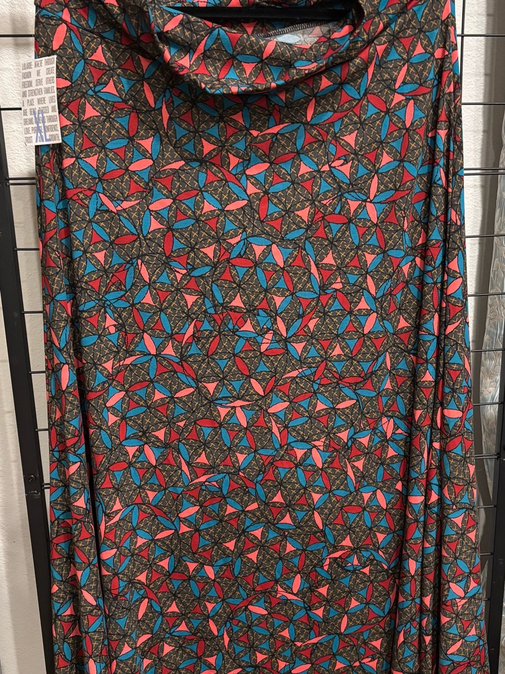 LuLaRoe Maxi Skirt in Coral, Teal & Brown Geometric Print